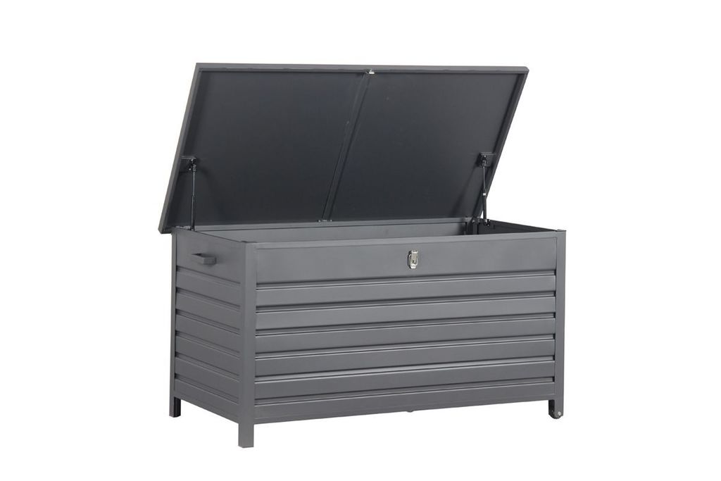 A grey outdoor storage box with its lid open, shown against a white background.