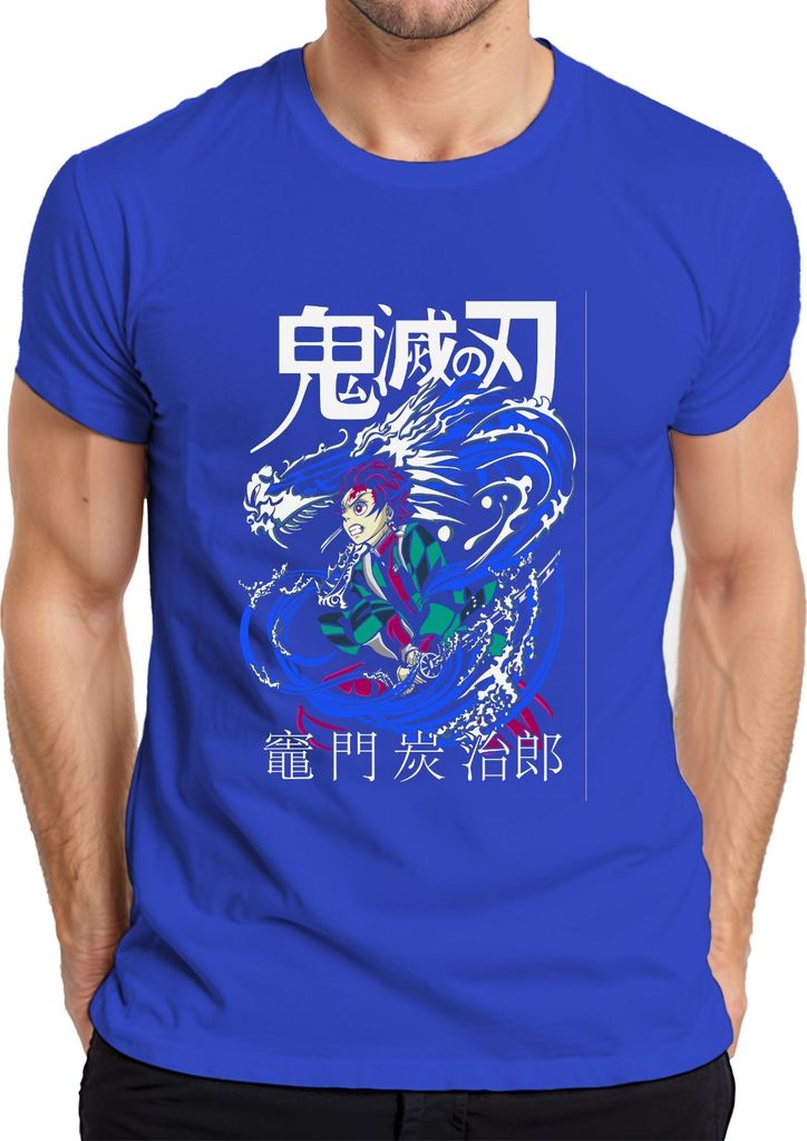 Demon Slayer Tanjiro Kamado Wasserdrache Anime Geschenk Japan Y2K Streetwear Herren T-Shirt, Blau, M