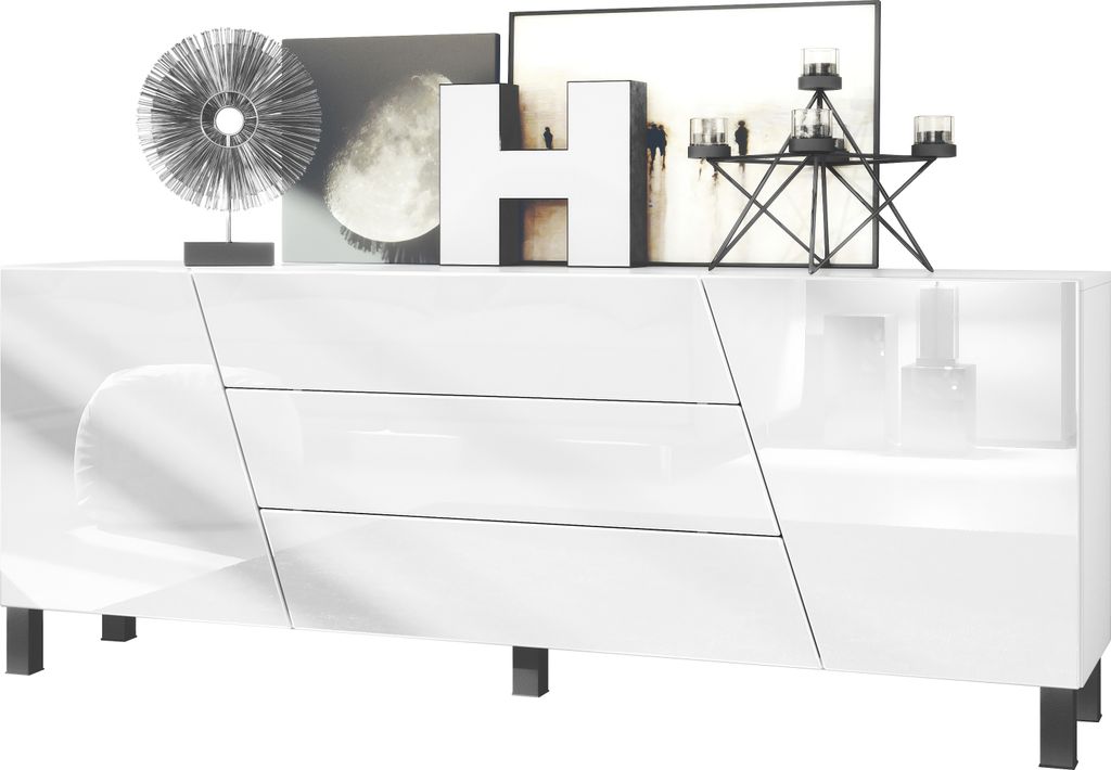 Vladon Sideboard Houston, Germany, Kommode mit 2 Türen und 3 Schubladen, Korpus Weiß matt, Fronten Weiß Hochglanz (178 x 69,5 x 38,5 cm)