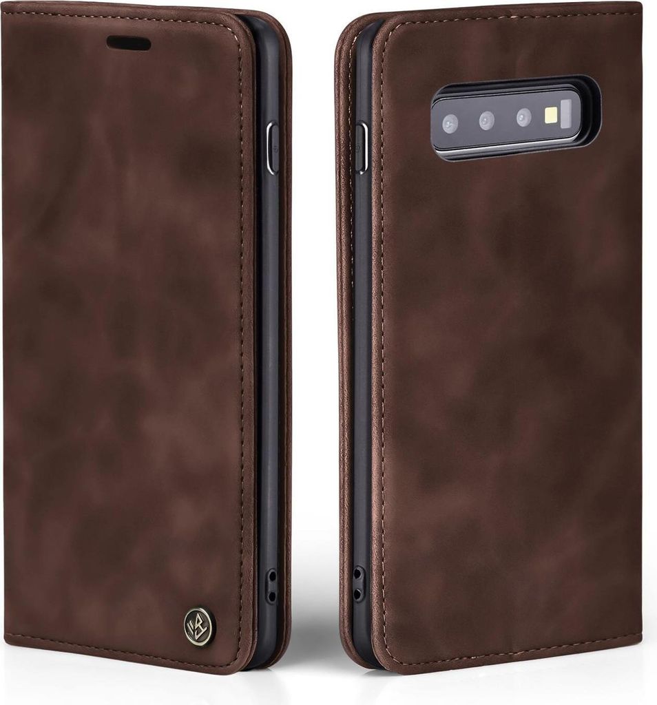 A brown leather flip case for a smartphone is shown from two angles.