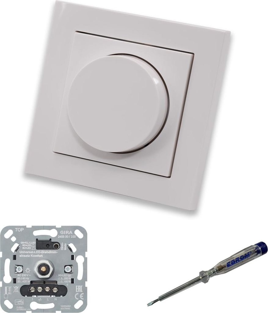 GIRA 245500 LED-Drehdimmer LED-Dimmer mit Dimmerscheibe Zentralscheibe Zentralplatte 065003 Einfachrahmen in Gira E2 reinweiß glänzend inklusive ...