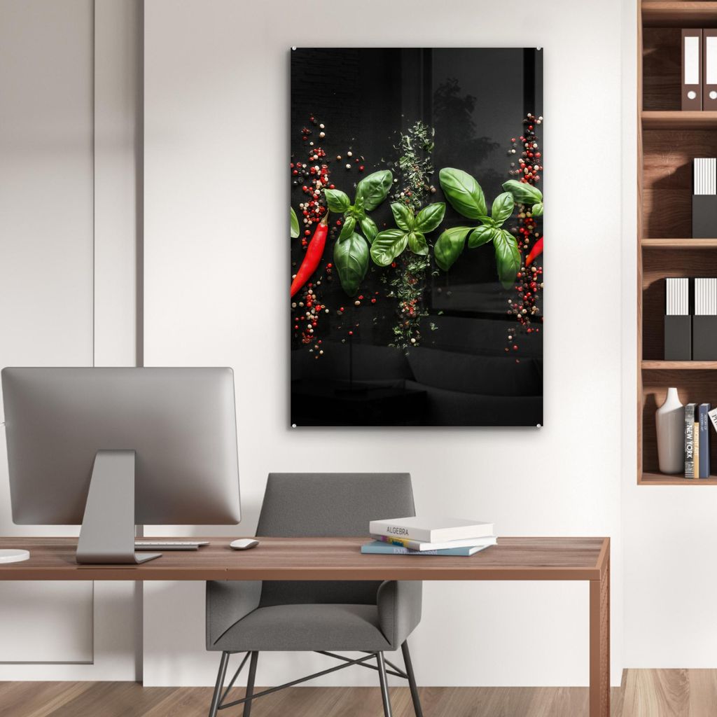 MuchoWow Glasbilder - Bilder auf Wandbild - Foto auf Glas Chili - Basilikum - Blätter - Rot 80x120 cm Wanddekoration aus Glas - Acrylglasbild - Ac...
