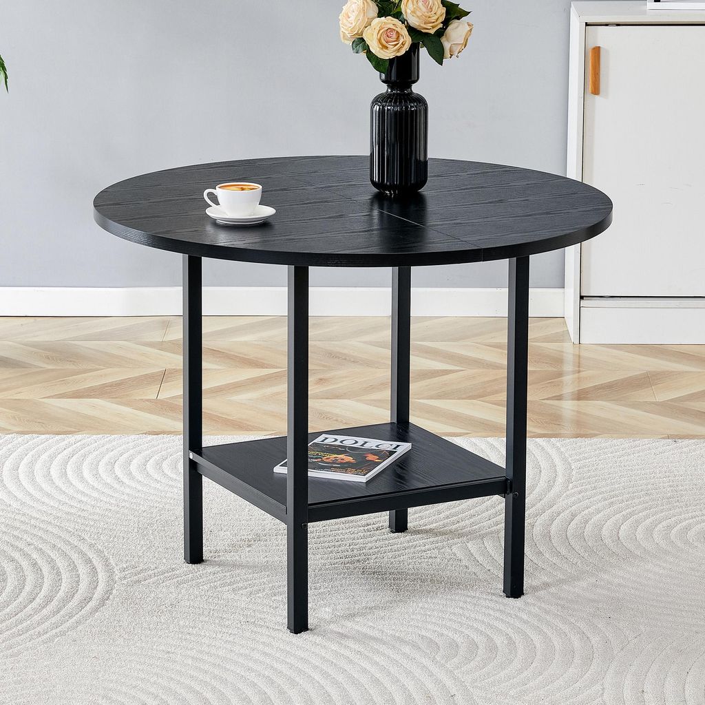 Runder Esstisch 100 cm mit Stauraumregal – Moderner Tisch in Schwarz-Holzmaserung, Metallrahmen, 4-6 Personen, für Küche, Esszimmer & kleine R...