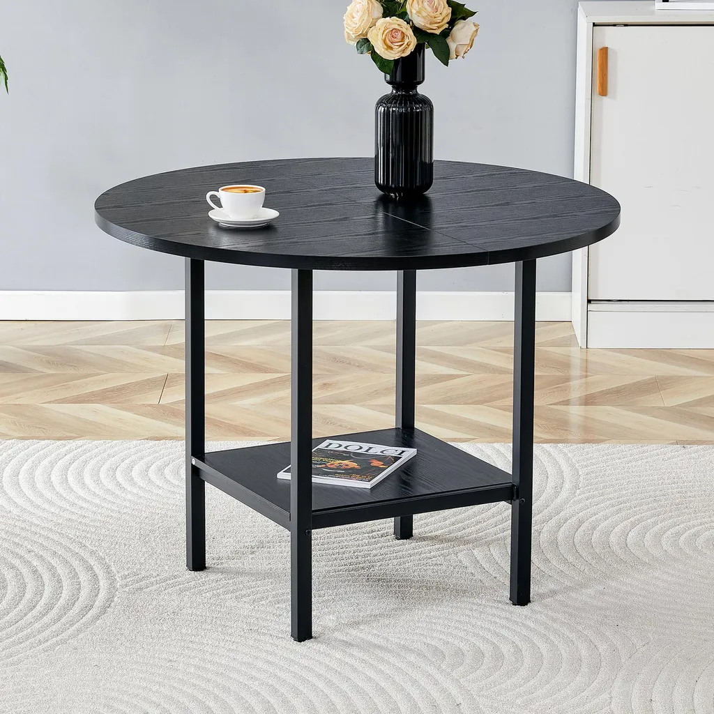 Table ronde stable et solide pour cuisine, bois noir veiné 100 cm