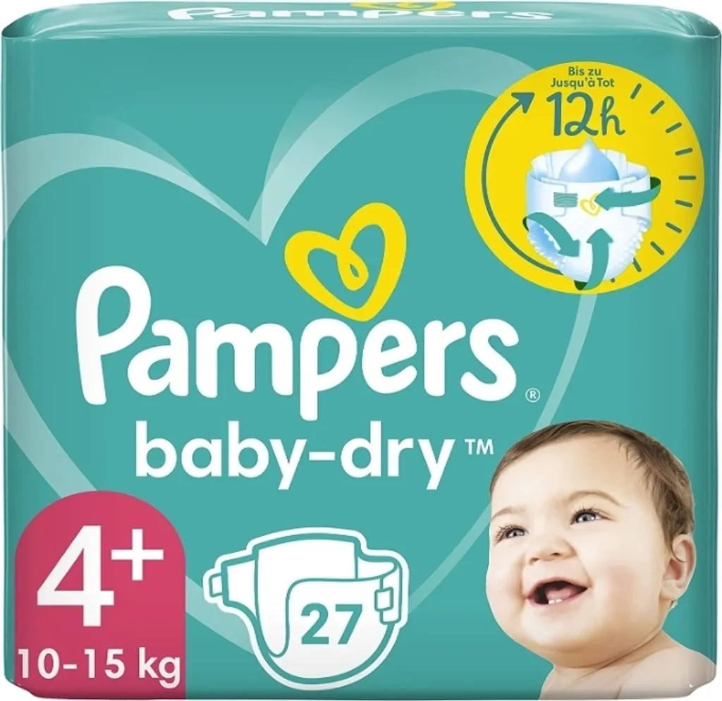 Couches Pampers Baby Dry 4+ avec Canaux Absorbants pour 10-15 kg