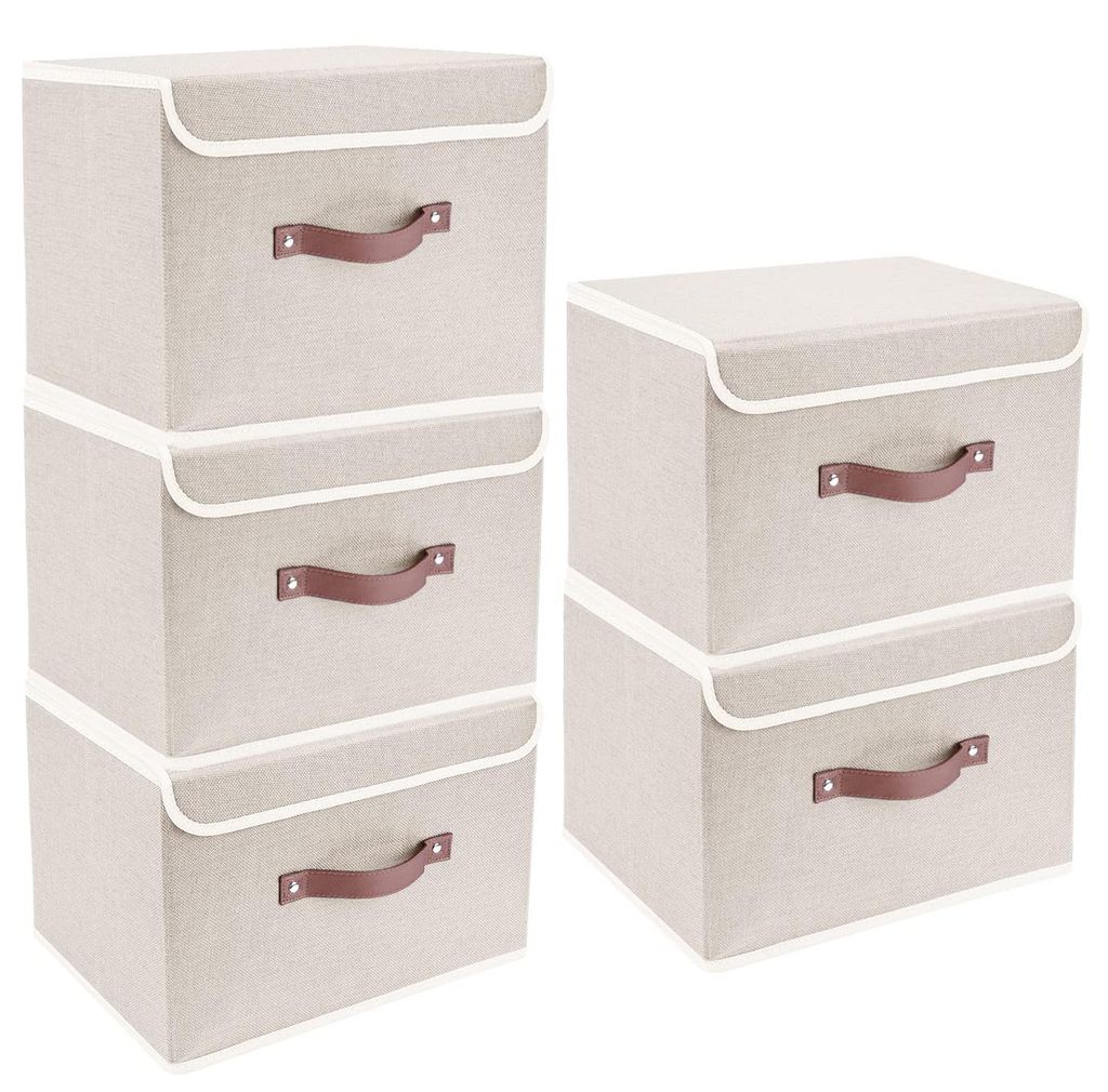 Aufbewahrungsbox mit Deckel, faltbar, waschbar, Stoff, 38 x 25 x 25 cm, 5-teilig, beige