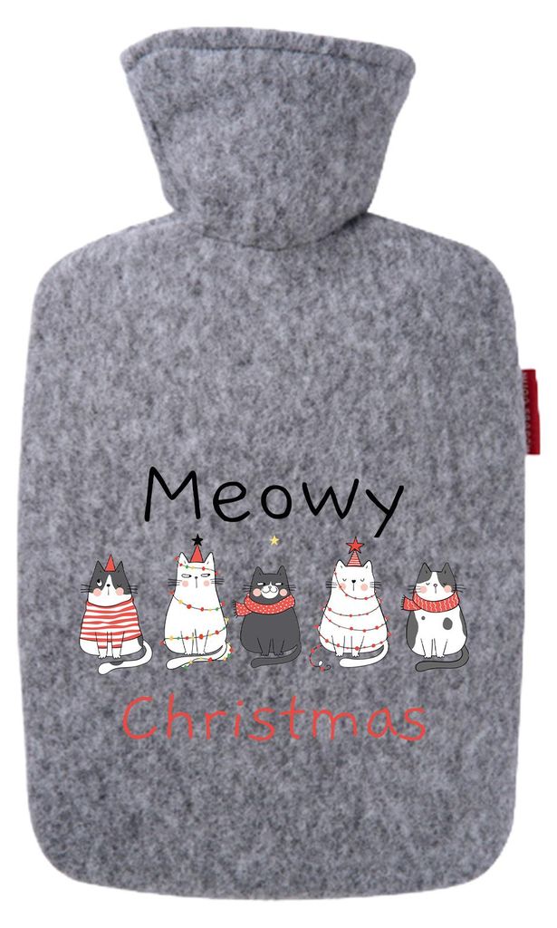 Huuraa Wärmflasche Meowy Christmas Katzen 1,8 Liter Filz Classic Filzbezug Bettflasche Geschenkidee