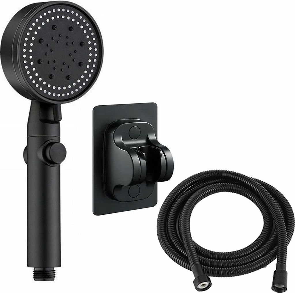 A black shower head, hose, and wall mount are displayed against a white background.