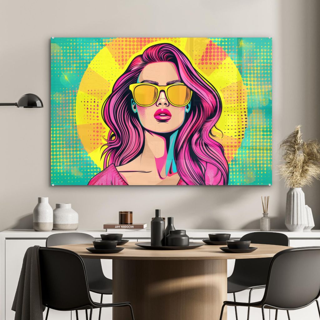 MuchoWow Glasbilder - Bilder auf Wandbild - Foto auf Glas Sonnenbrille - Frau - Sonnig - Gelb 90x60 cm Wanddekoration aus Glas - Acrylglasbild - Ac...