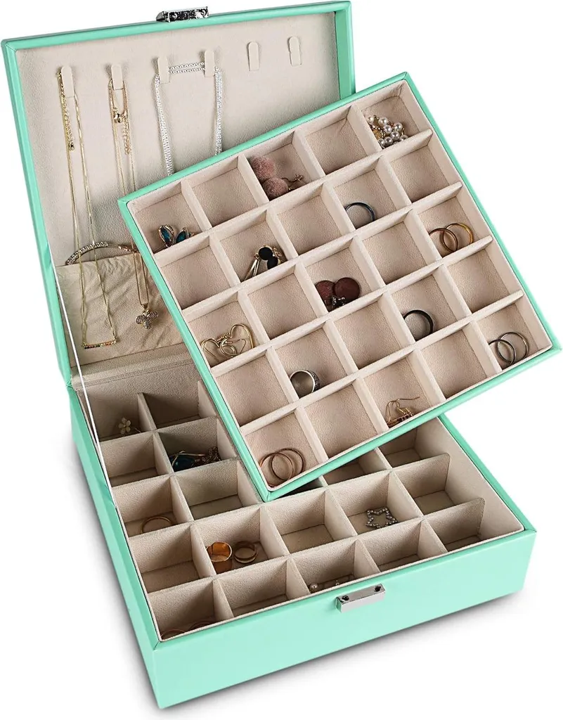 Boîte à Bijoux Classique 50 Compartiments avec Porte-Collier Turquoise