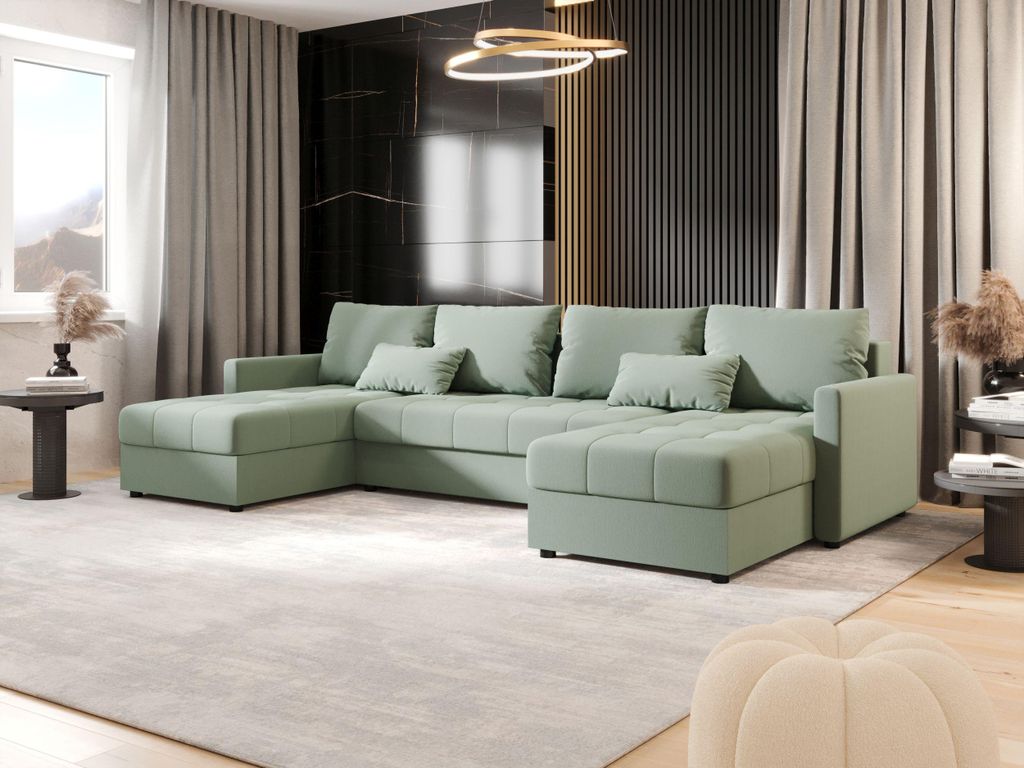 A spacious U-shaped sectional sofa in a modern living room setting.