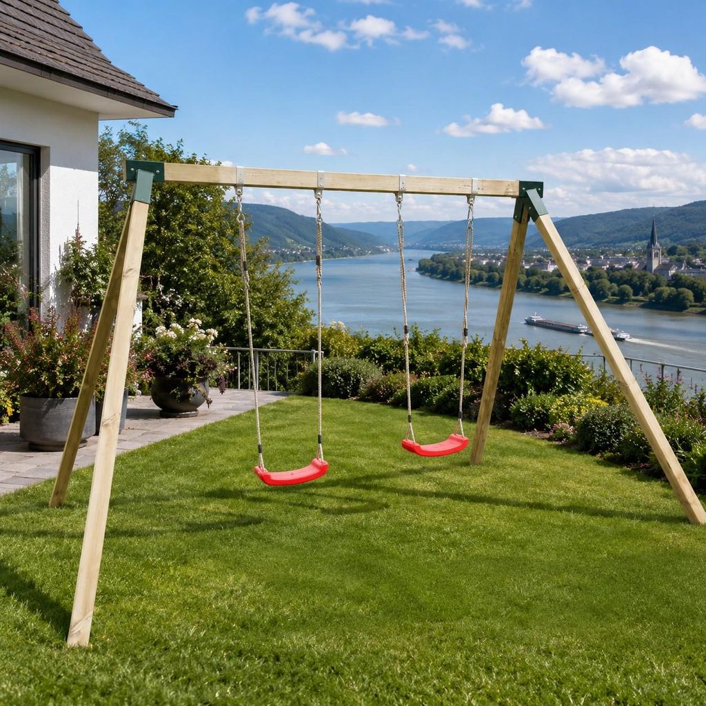Doppelschaukel aus Holz für Kinder mit 2 Schaukelsitzen, Produktbild 