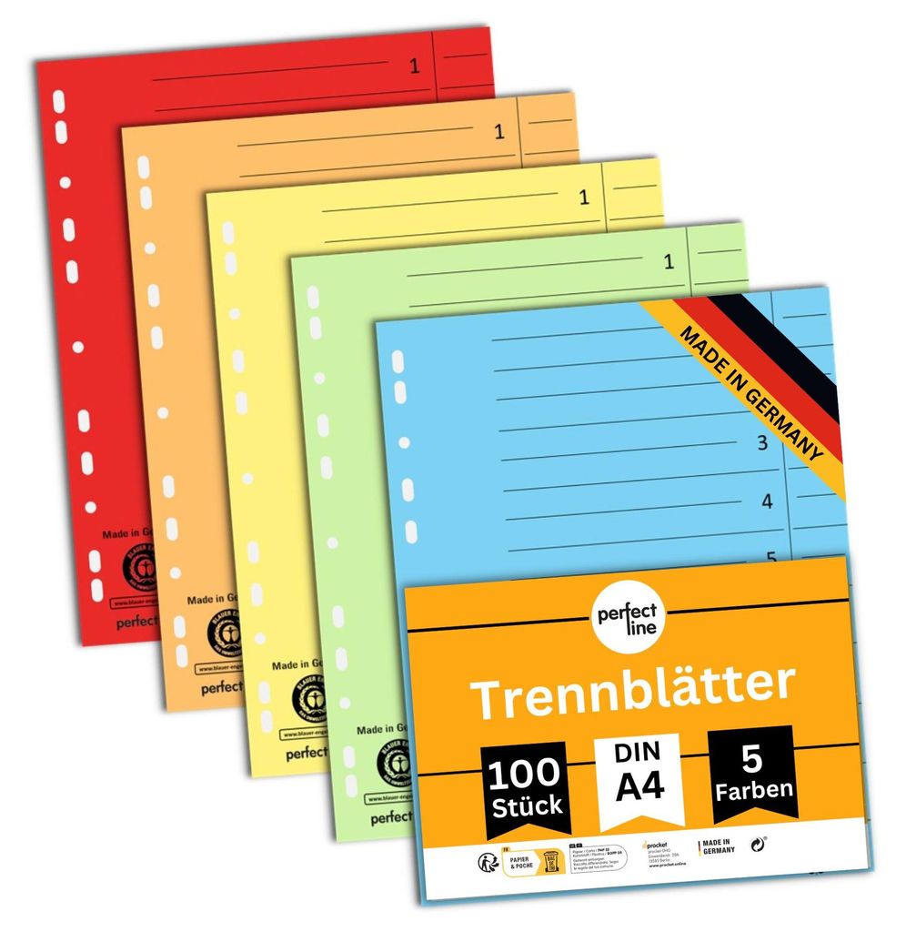 perfect line 100 Stk.Trennblätter DIN A4 5x Intensivfarben 180g