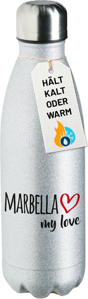 Huuraa Trinkflasche Marbella my love 500ml Silver Edelstahl Wasserflasche Trinkflasche Geschenkidee