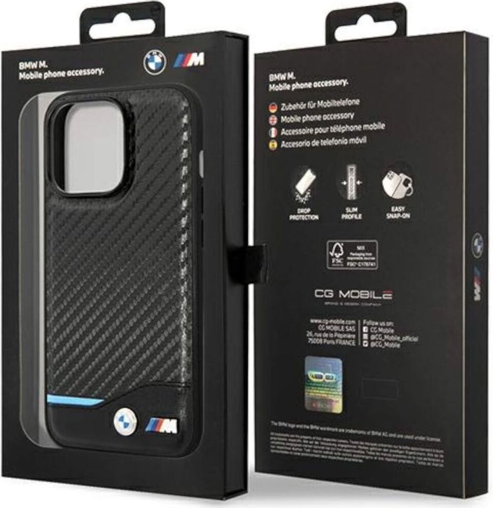 BMW Leder Carbon Blue Line - iPhone 14 Pro Hülle (Schwarz) Produktbild 