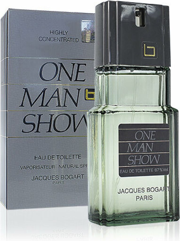 A bottle of Jacques Bogart One Man Show Eau de Toilette and its packaging are displayed against a white background.