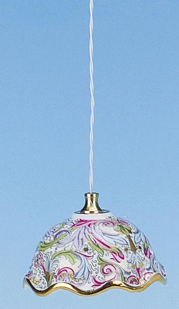 A hanging lamp with a decorative porcelain shade.