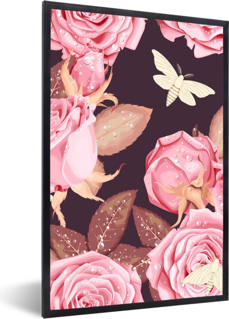 MuchoWow Gerahmtes Poster Rosen - Schmetterlinge - Tropfen 60x90 cm - Poster mit Schwarzem Bilderrahmen Wandposter Rahmen Foto Bilder - Kunst