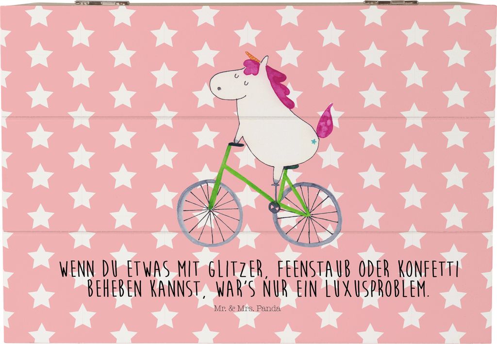 Mr. & Mrs. Panda Holzkiste Einhorn Radfahrer 22 x 15 cm - Rot Pastell - Geschenk, Erinnerungsbox, Rad, Geschenkbox, Unicorn, Truhe, Kummer, Holzbox...