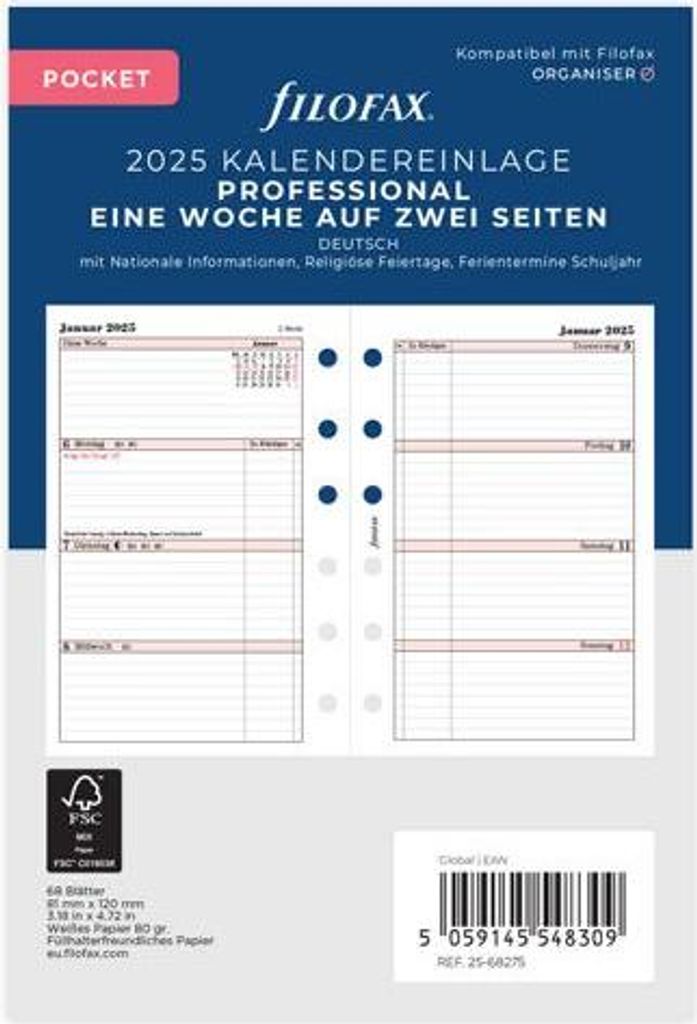 FILOFAX Kalendereinlage 2025 - POCKET - 1 Woche = 2 Seiten Produktbild 