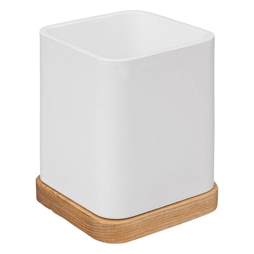 5five Simply Smart | Zahnputzbecher - Natureo - Weiß - Modernes Design - Mit Holzunterlage