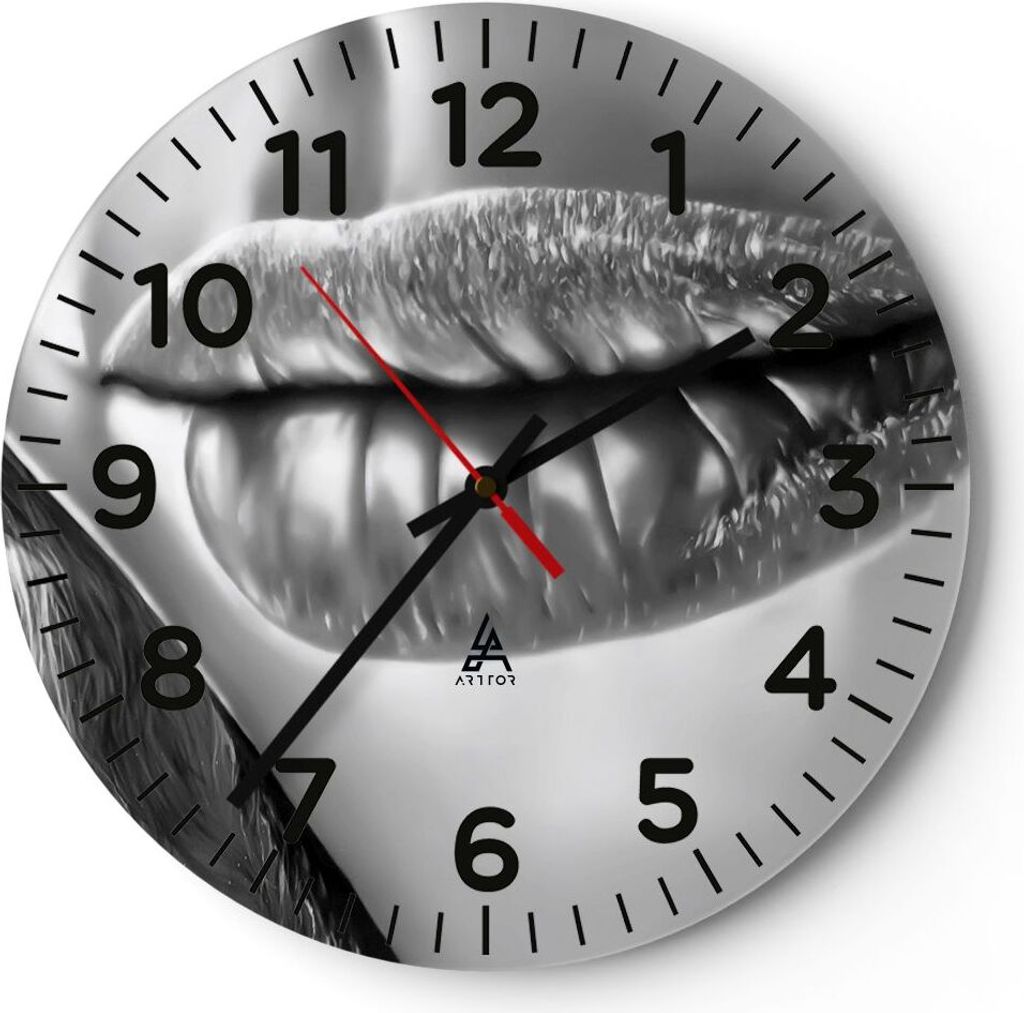 Wanduhr - Rund - Glasuhr - Lippen Gesicht weiblich Lippenstift - 30x30cm - Schleichendes Uhrwerk - Lautlos - zum Aufhängen bereit - Dekoration Mod...