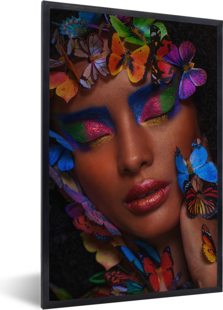 MuchoWow MuchoWow Gerahmtes Poster Frau - Schmetterlinge - Regenbogen 20x30 cm - Poster mit zchwarzem Bilderrahmen - Drucken - Bilder Poster im...