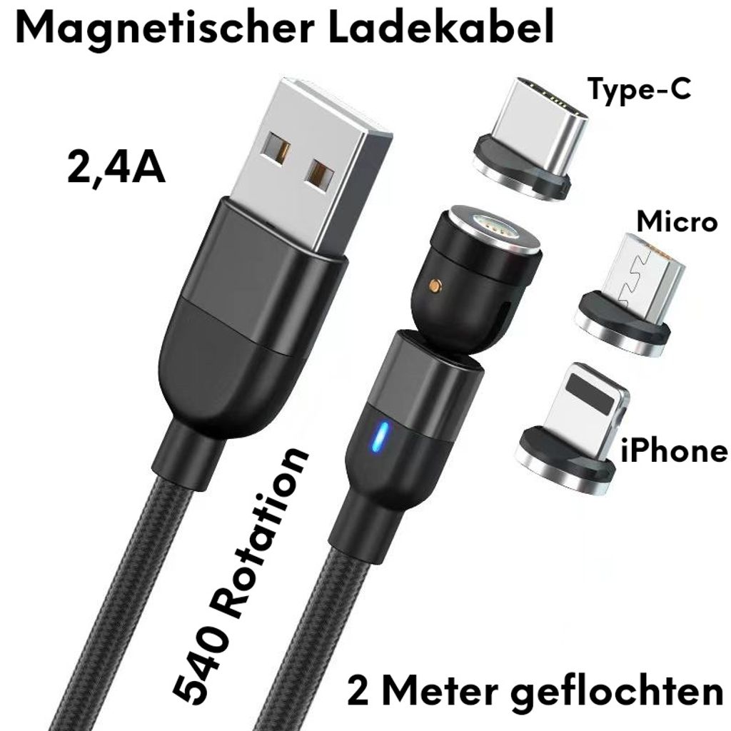 magnetisches USB- Ladekabel 540° TYP C Micro USB oder I-Phone, 1,00 €