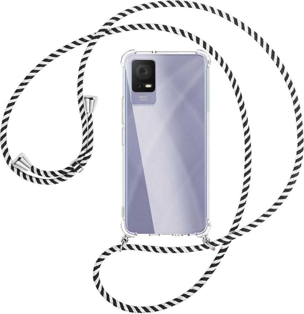 Handykette Backcover-Schutzhülle mit Band (Metall silberfarben) für TCL 405 (T506D, 6.6'') - schwarz/weiß gestreift