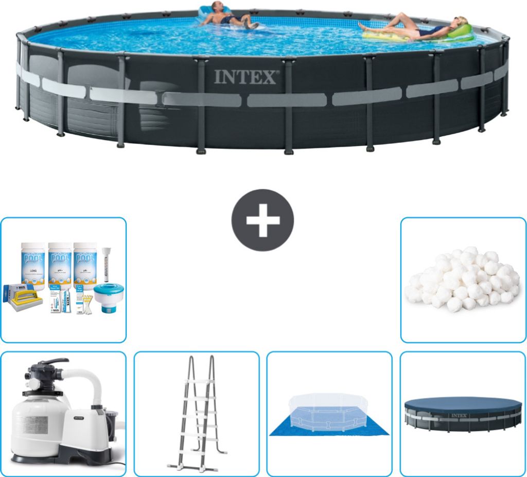 Intex Round Ultra XTR Frame Swimming Pool – 732 x 132 cm – inklusive Pumpe – Leiter – Bodenplane – Abdeckung Wartungspaket - Filterbälle