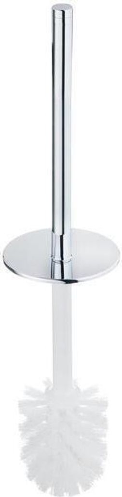 A chrome toilet brush holder with a white brush.