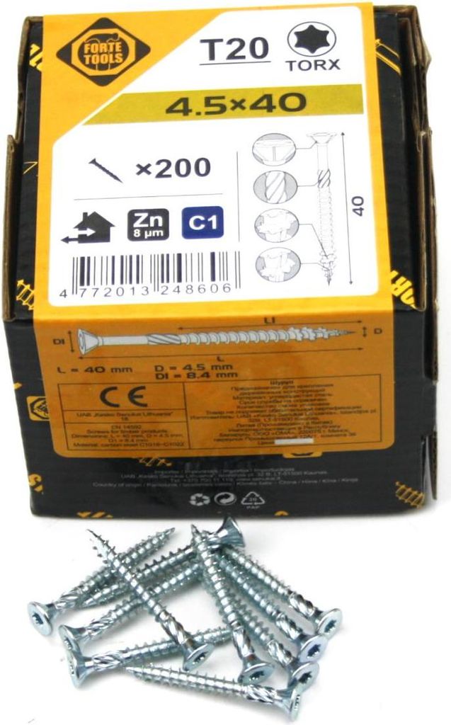 200x Universal Holzschrauben 4,5x40mm T20 Torx Spanplattenschrauben verzink