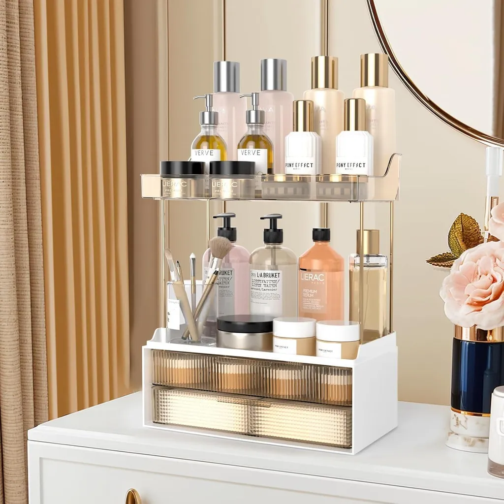 Grand présentoir maquillage à 2 étages ambre avec tiroirs de rangement