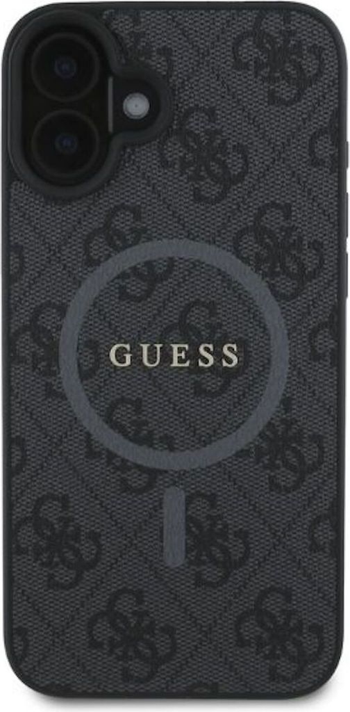 A black and gray patterned iPhone case with the Guess logo in the center.