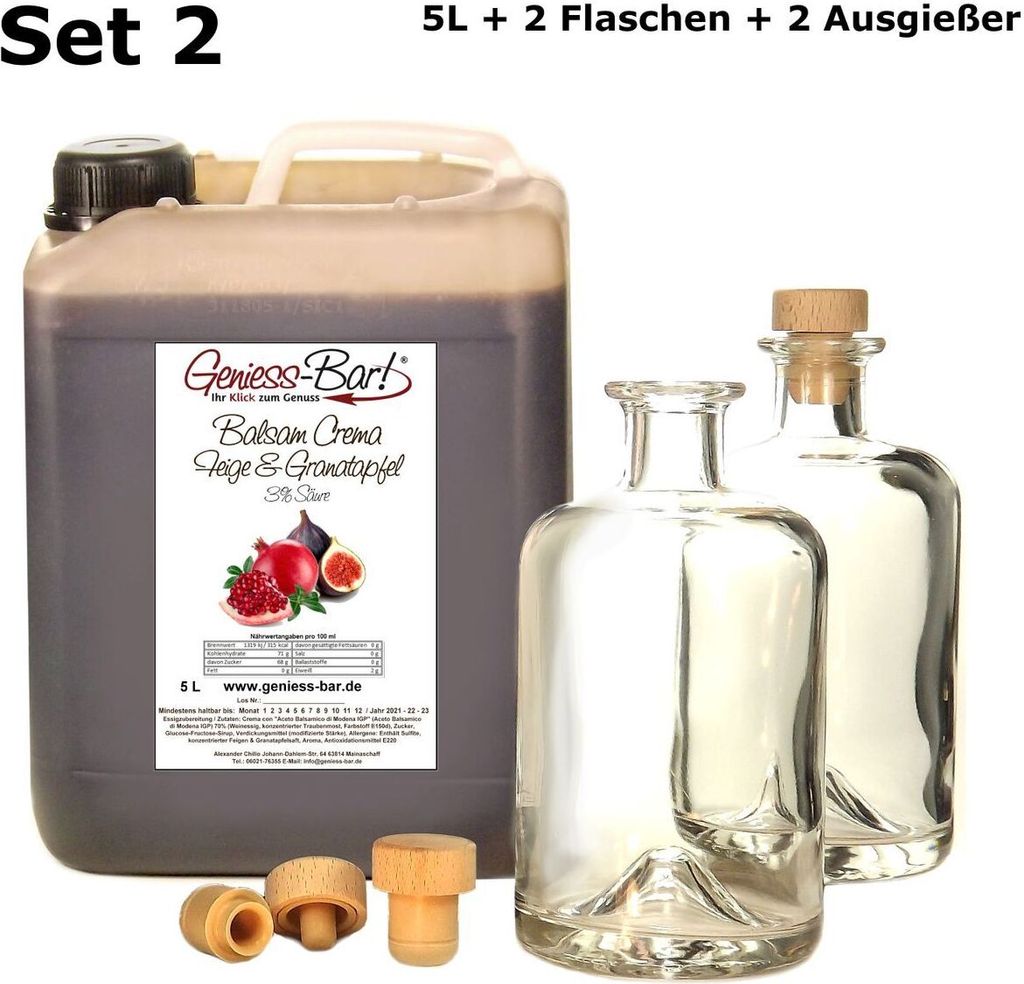 Balsamico Creme Feige Granatapfel 5L + 2 Flaschen & Ausgießer 3%Säure Mit original Crema di Aceto Balsamico di Modena IGP Kanister Crema