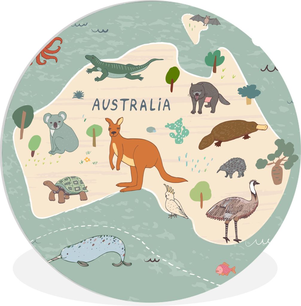 MuchoWow Rundes Wandbild - Runde Bilder Weltkarte Kinder - Tiere - Australien - Jungen - Blau - Kinder Ø 60 cm Kreis Wanddekoration Kunststoff -...