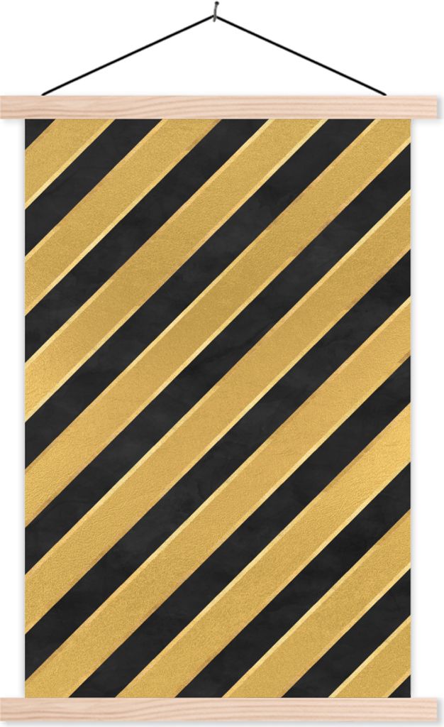 MuchoWow Textilposter Muster - Streifen - Gold - Schwarz 120x180 cm mit holzfarbenen Rahmen - Textil-Plakat
