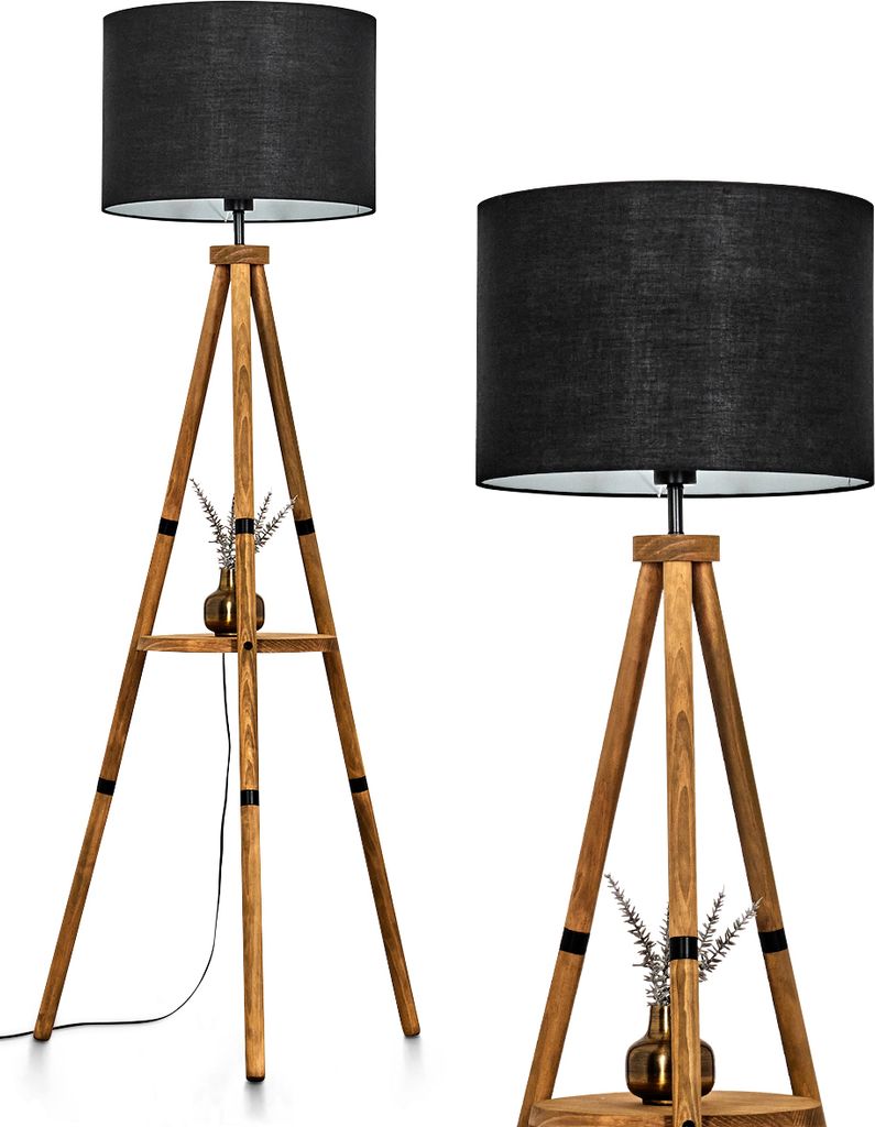 Schiavonea Stehlampe aus Holz/Stoff in Natur/Schwarz/Weiß, Leuchte im Boho-Style