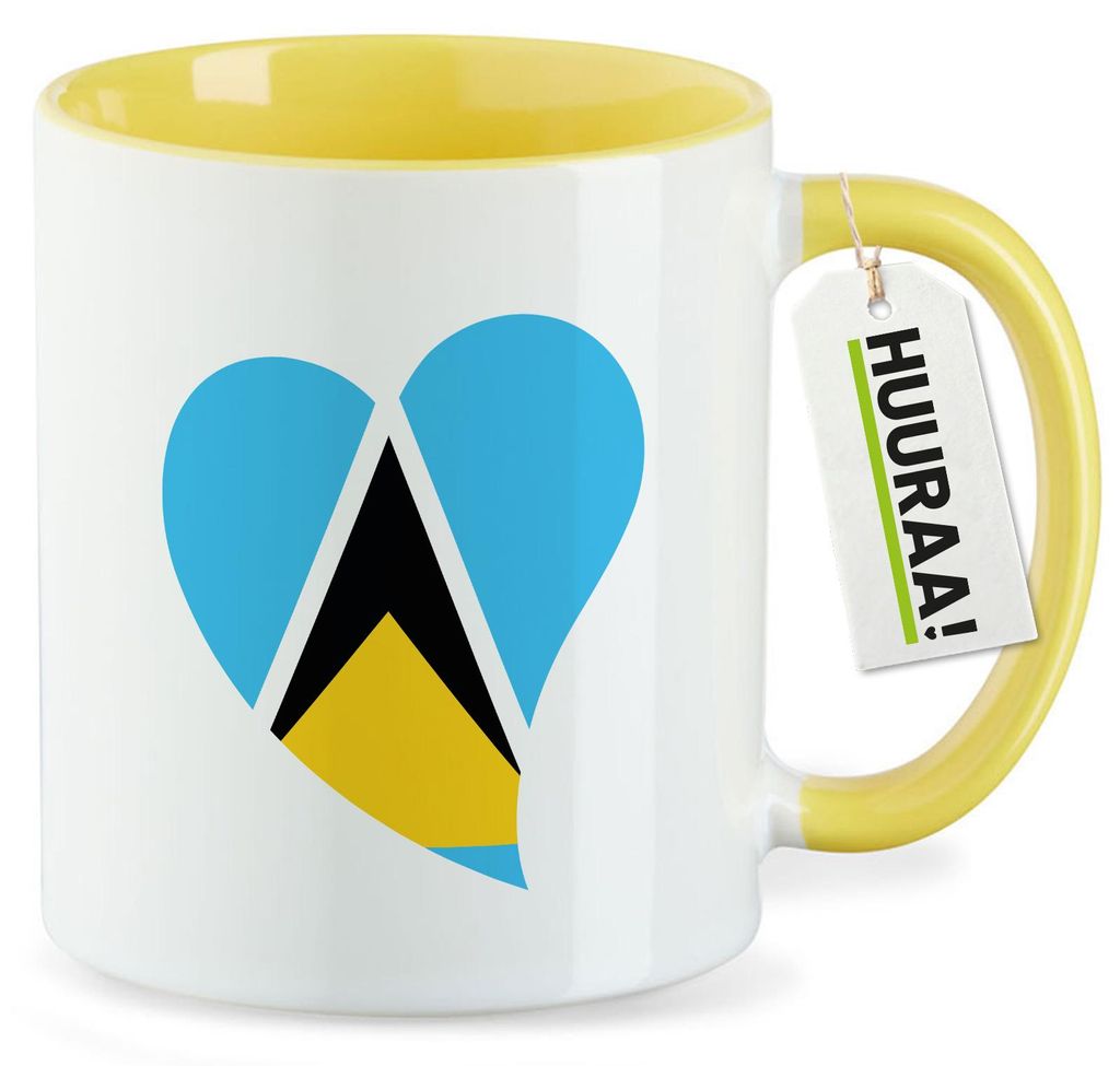 Huuraa Kaffeetasse St. Lucia Flagge Herz 330ml Gelb Keramik Kaffeebecher Geschenkidee