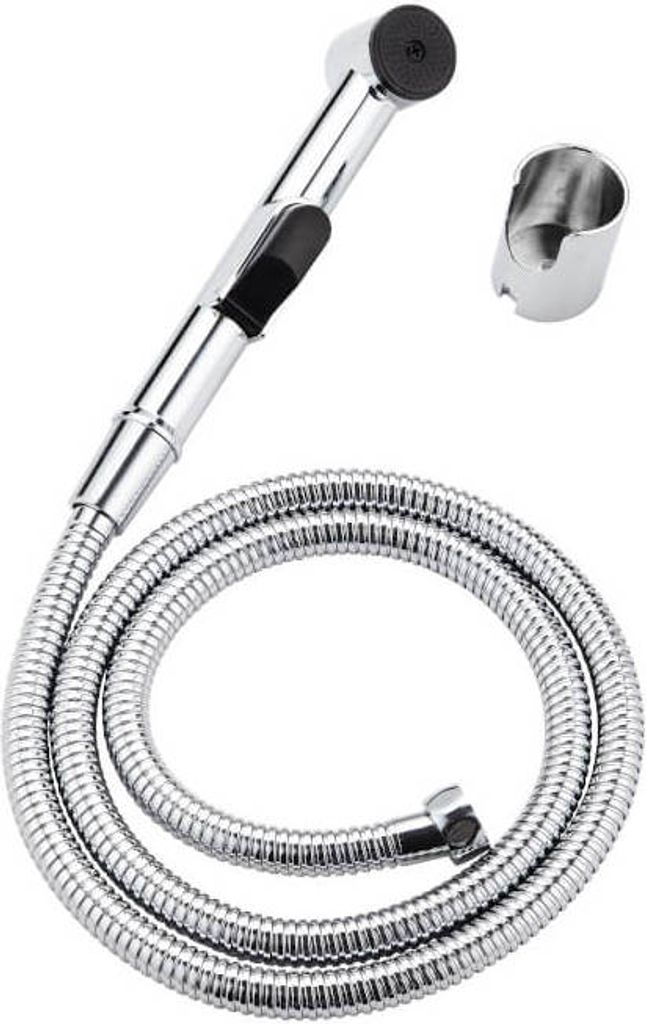 A chrome bidet shower set with a hose and a wall mount is displayed against a white background.