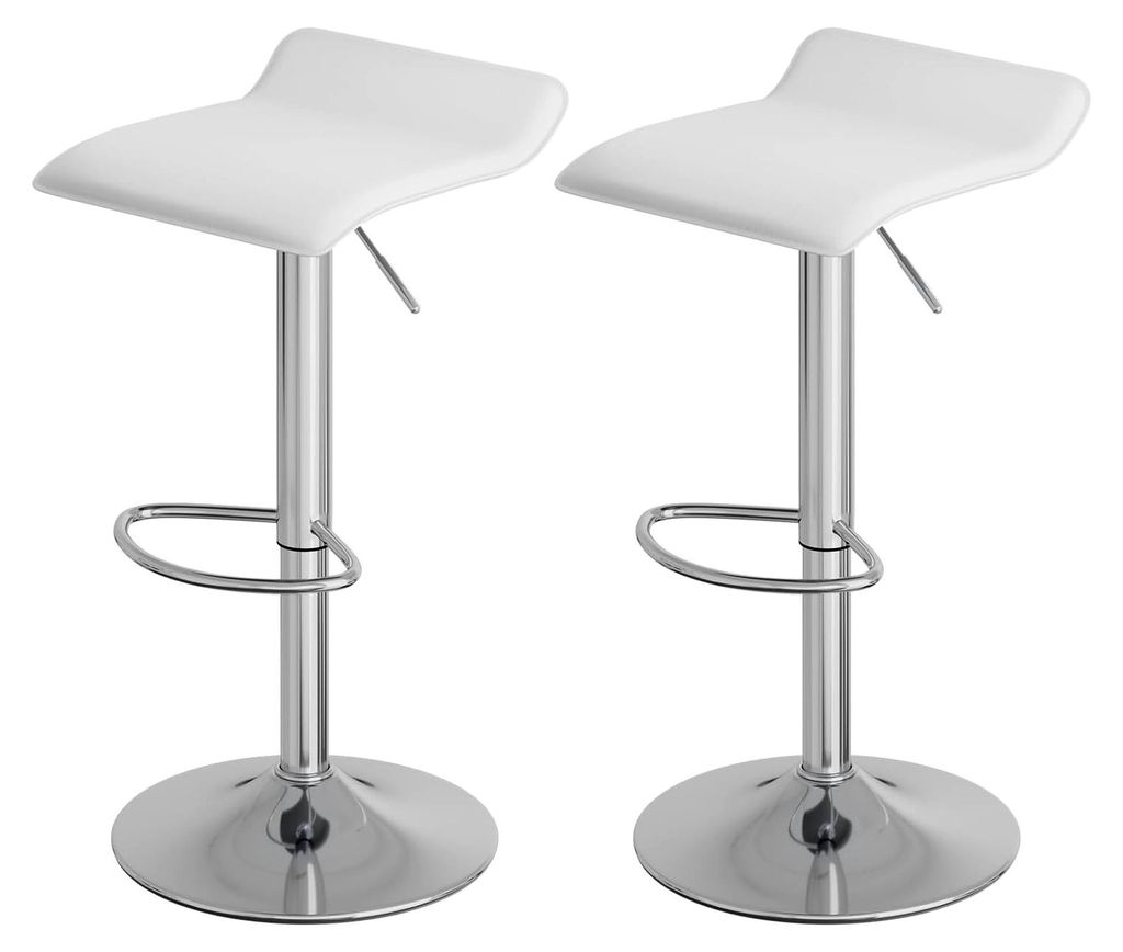 Barhocker 2er Set, Höhenverstellbarer Barstuhl, 360° drehbarer Bistrohocker mit Fußstütze, Kunstleder Metall, Weiß+Silber