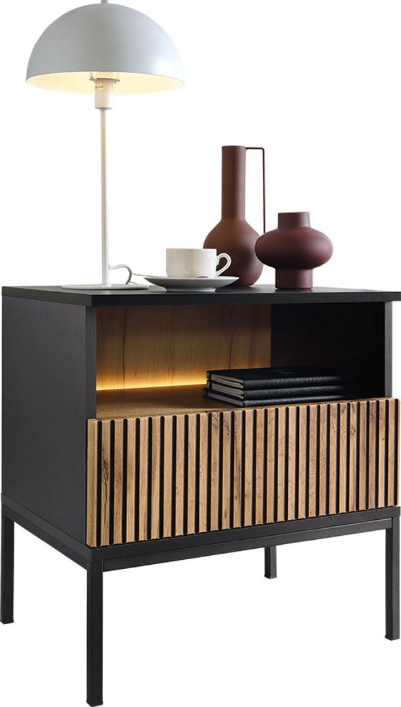 MIRJAN24 Nachtschrank Sento S54, Nachttisch mit Schublade, LED-Beleuchtung, Schwarze Untergestell aus Metall (Farbe: Schwarz Graphit / Wotan)