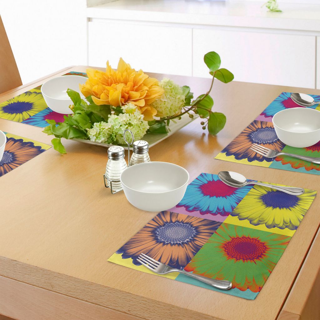 ABAKUHAUS Moderne Kunst Platzmatten, Pop-Art inspiriert Bunte kitschige Daisy Flower mit hart umrandeten westlichen Design, Tiscjdeco aus Farbfeste...