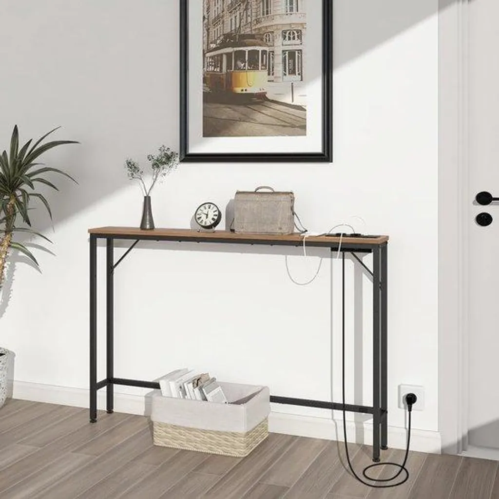 Console murale avec ports USB, étagère étroite en acier marron 120cm