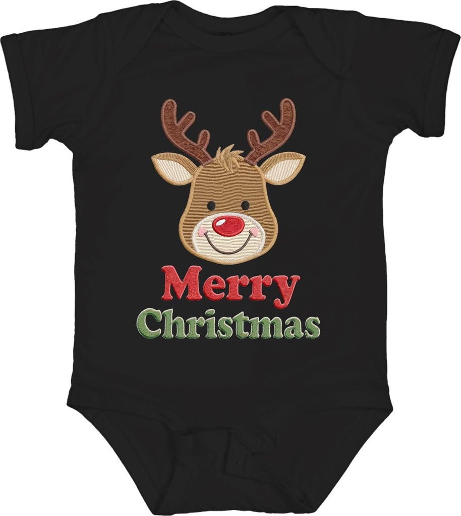 Merry Christmas Rentier Weihnachten Stickerei Bestickt Kinder Unisex Baby Body, Schwarz, 12/18