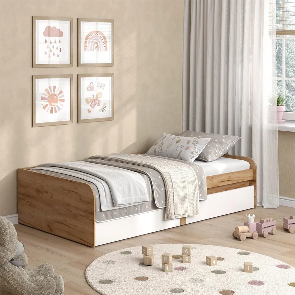 Lit Simple 90x200 pour Enfant Vicco Clario Blanc et Bois Artisan