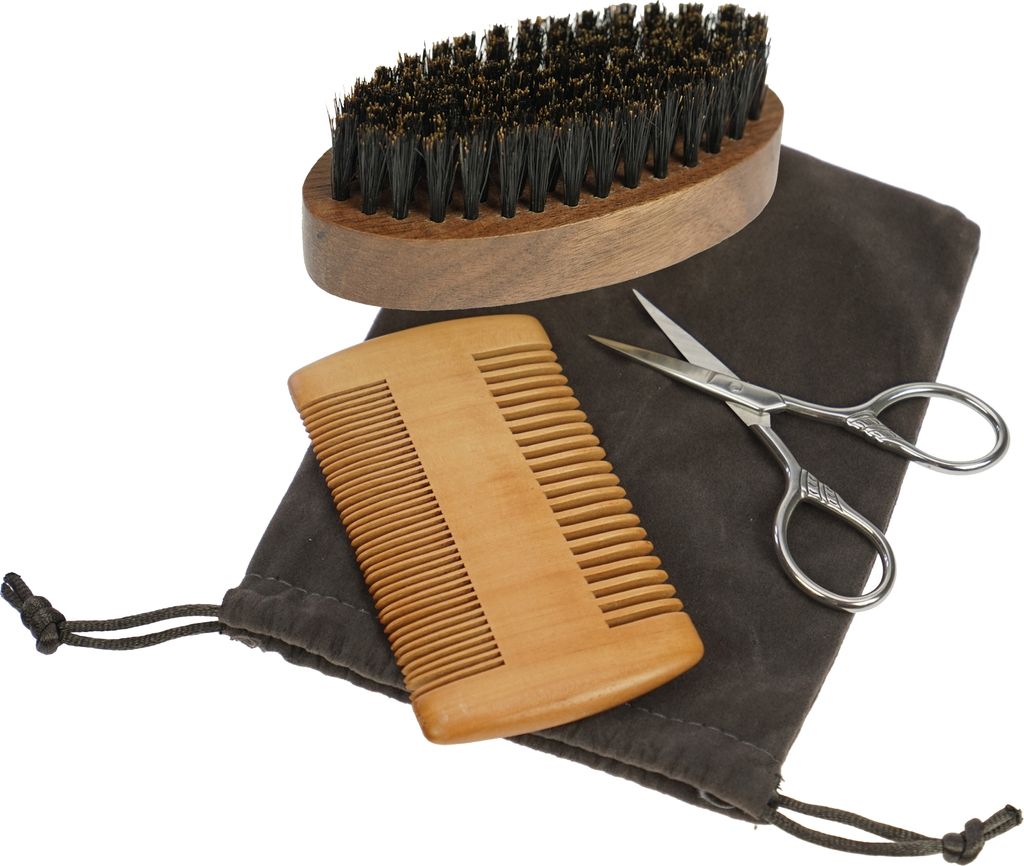 Bartset mit Kamm, Bartbürste, Schere in Beutel