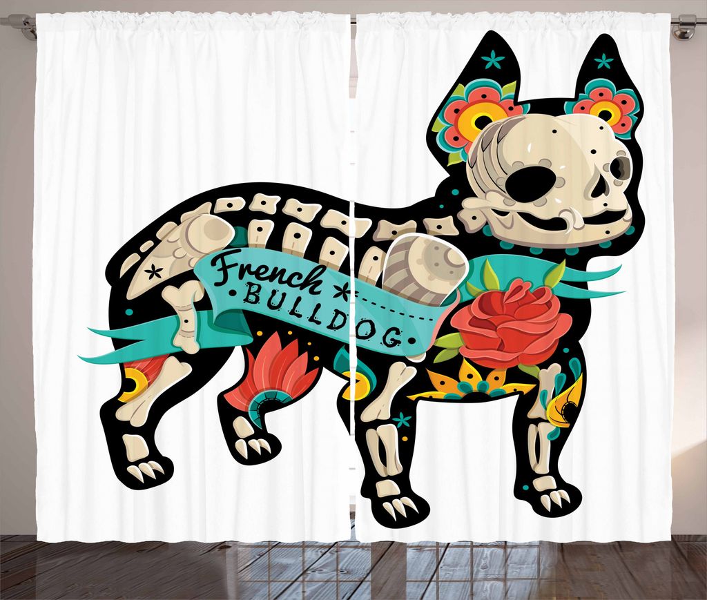 ABAKUHAUS Bulldogge Rustikaler Gardine, Gothic Skeleton Blumen, Schlafzimmer Kräuselband Vorhang mit Schlaufen und Haken, 280 x 175 cm, Mehrfarbig