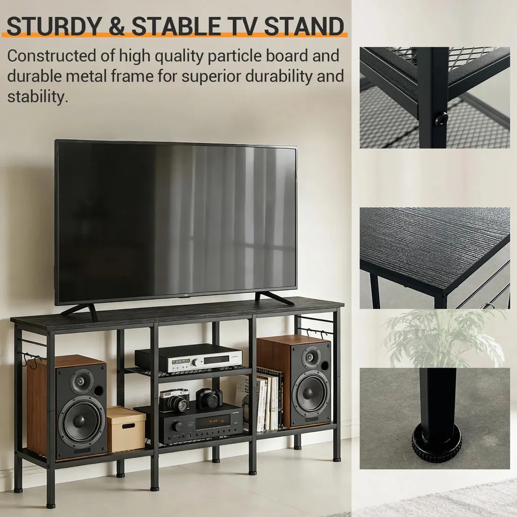 Meuble TV avec support barre de son intégré et structure métallique robuste