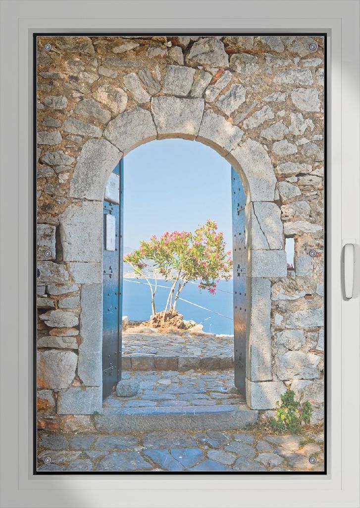 Wallario Lichtschutzbild, Dekorativer Sichtschutz Sonnenschutz 76 x 115 cm mit Motiv: Torbogen Toskana - Verdunklung ohne Bohren